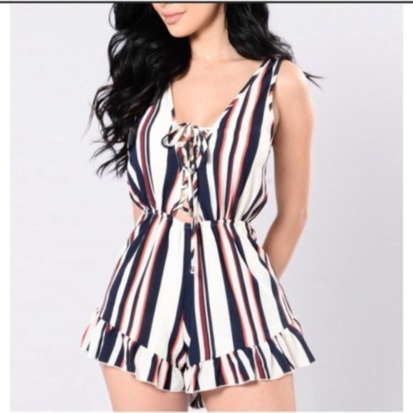 Fashion Nova Pants - Fashion Nova Ready for Summer Striped Romper Sz L